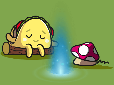 Taco Companion enjoying a magical blue fire next to a mushroom