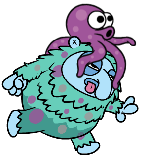Fuzzy Fella awkwardly swimming through water with an octopus on his head