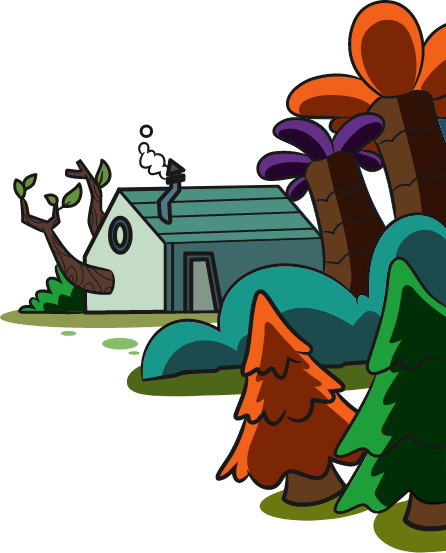 Bird house, trees, and bushes