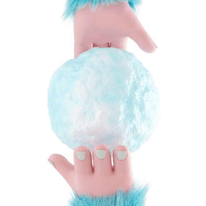 Unhatched Fuzzy Fella Snowball hovering between two Fuzzy hands